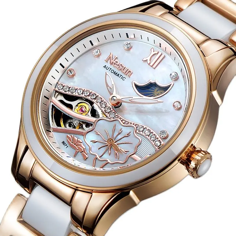 

New Switzerland NESUN Luxury Brand Automatic Mechanical Women's Watches Dual Skeleton Waterproof Diamond Moon Phase Clock N9071
