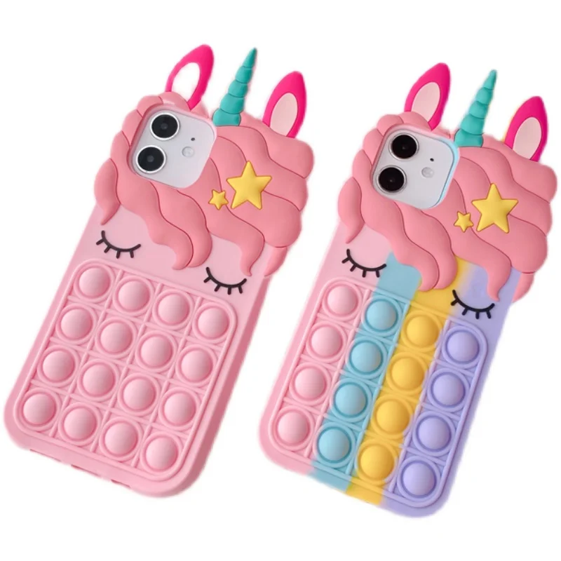 

Cute 3D Unicorn Silicone Soft Phone Case For iPhone 11 12 13 Pro X XR XS 8 7 6S Plus SE 2020 Relieve Stress Rainbow Bubble Cover