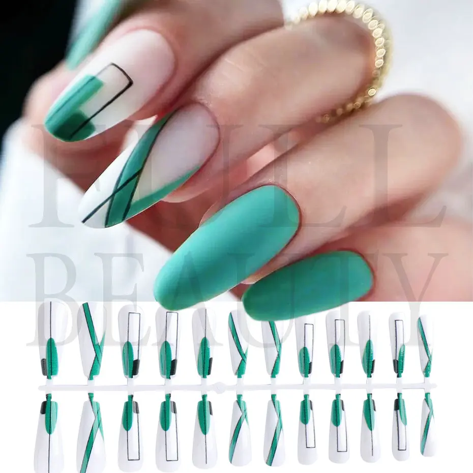 

Накладные ногти с геометрической линией, синие, зеленые, цветение, накладные ногти, Типсы для наращивания, форма гроба, съемный маникюр, LE1992