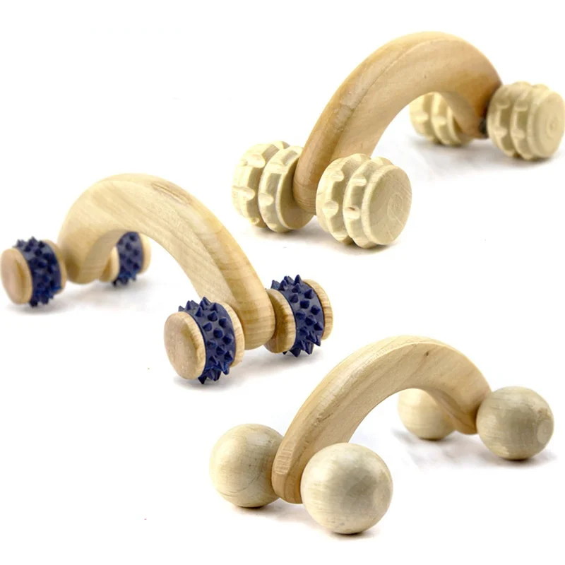 Wooden Handheld Body Roller 4 Wheels Balls Massager Arm Leg Back Foot Hand Neck Shoulder Muscle Pain Relief Massage Tool