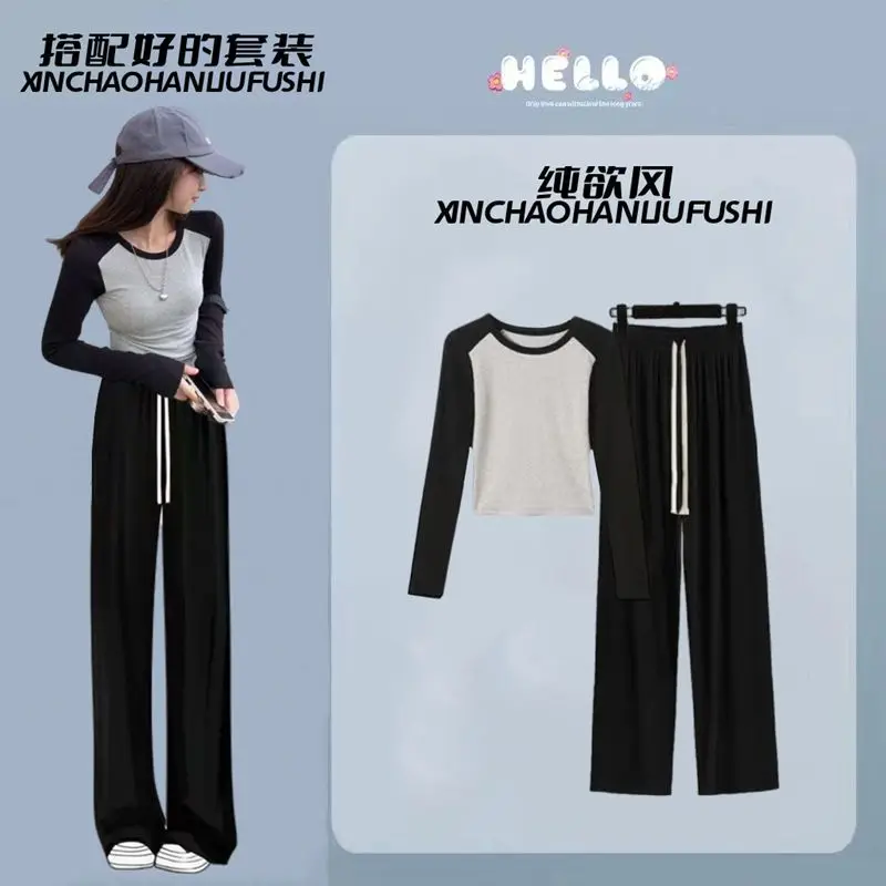 

Set female pure desire wind t-shirt female new splicing short tops spicy girl ins wide legged pants two-piece set