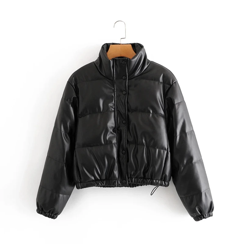 2022 Winter Warm Thick PU Leather Coats Women Short Parkas Fashion Black Cotton Padded Lady Down Jacket Elegant Zipper Clothes