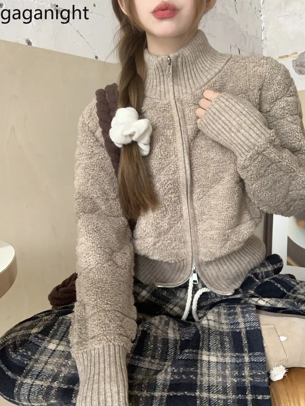 Gaganight женский короткий свободный свитер с воротником-стойкой длинным рукавом