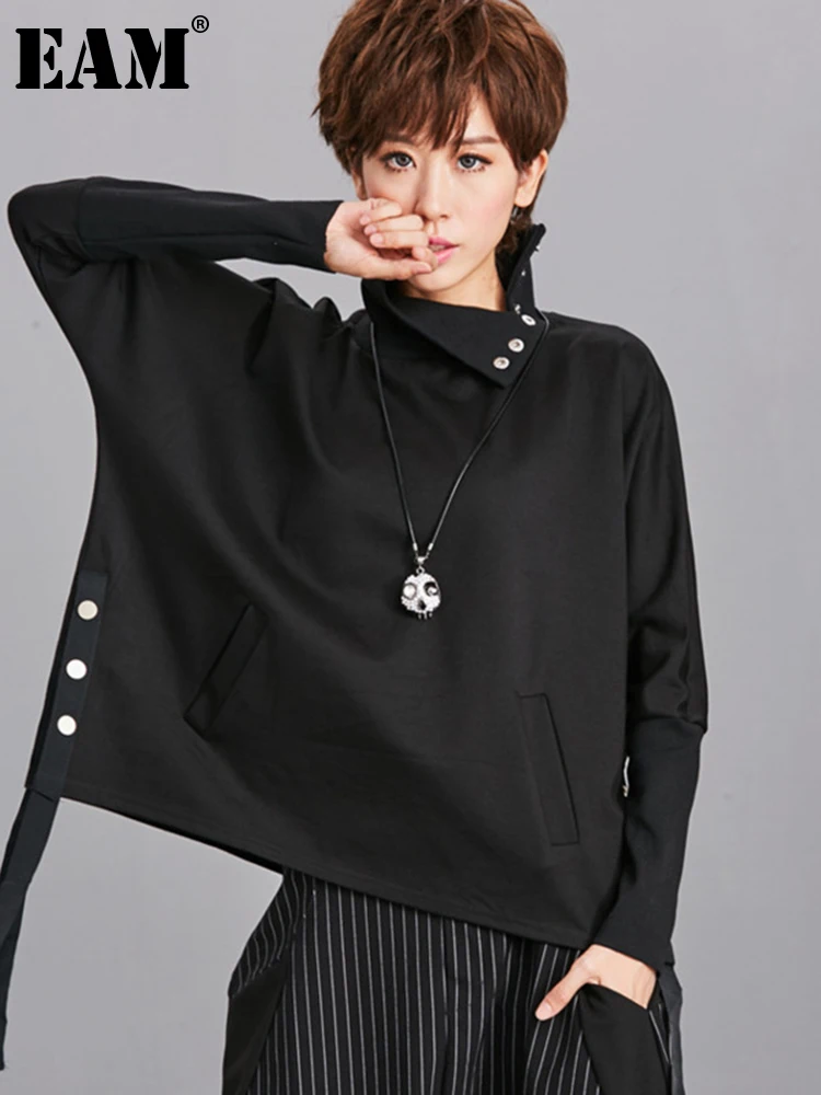 

[EAM] Свободная черная толстовка с разрезом из ленты, новый женский свитер с высоким воротником и длинным рукавом, большой размер, модная весе...