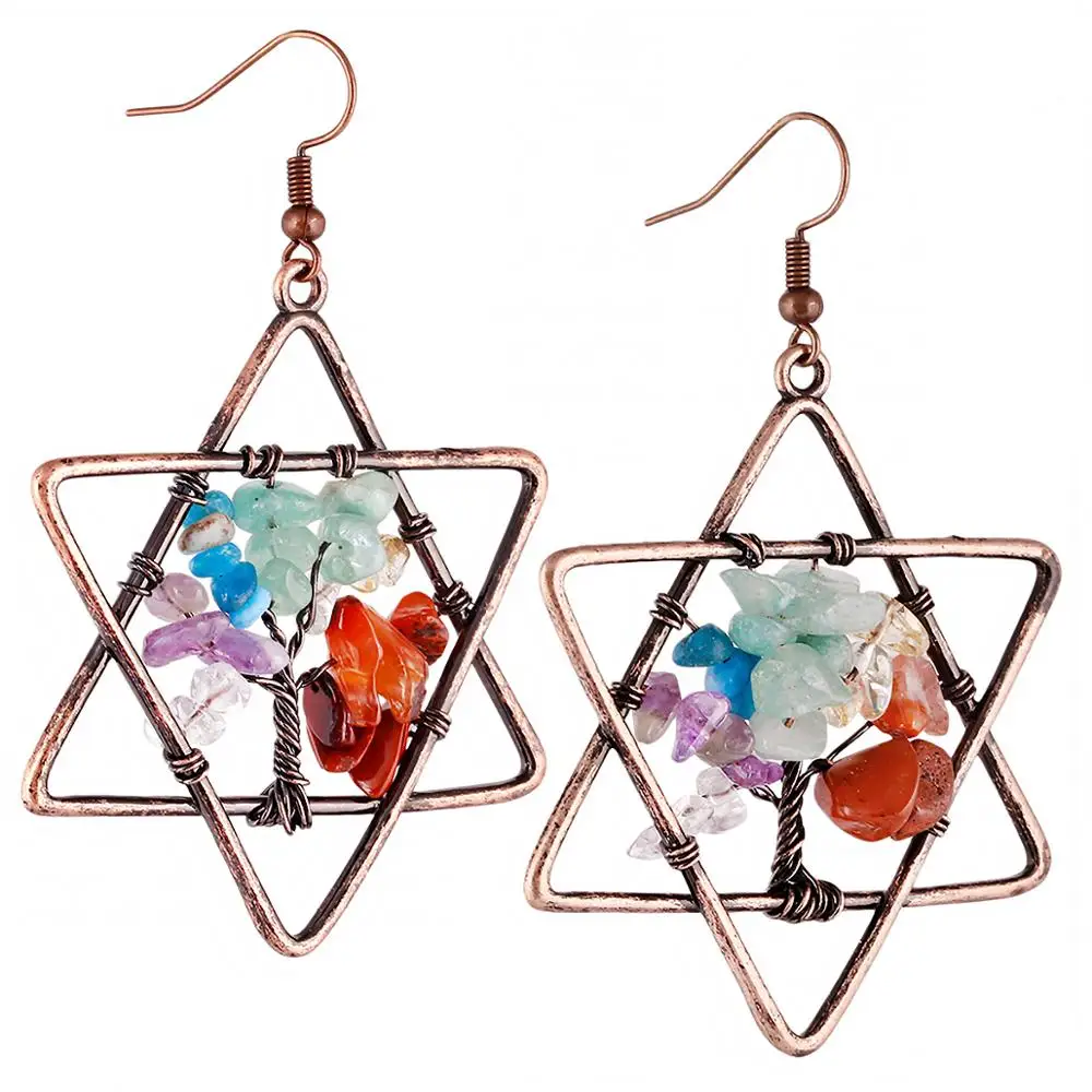 

TUMBEELLUWA Six-Pointed Star Wrap Tree of Life Charm Drop Natural Chip Stone Leaf Dangle Earrings Reiki Healing Women Jewelry