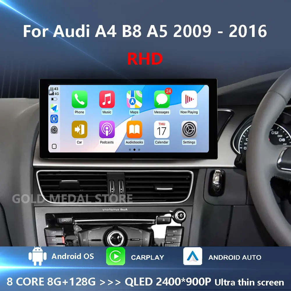 Фото RHD для Audi A4 B8 A5 2009-2016 Bluetooth WiFi Carplay Android 15 GPS Navi 4G Автомобильный видео Мультимедийный радиоплеер №1