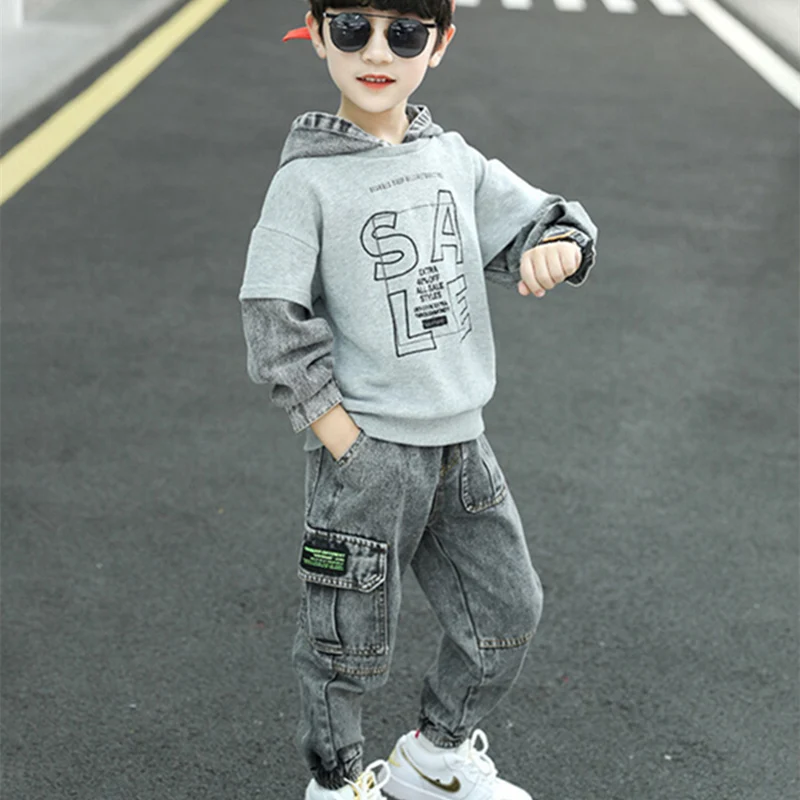 Boys Suit Sweatshirts +Pants Cotton 2Pcs/Sets 2022 Grey Spring Autumn Thicken Kid Sportswear Teenagers Jogging Suit Children Clo