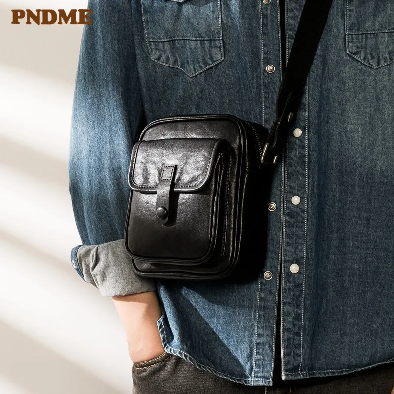 PNDME organizer casual men's genuine leather small black shoulder crossbody bag designer weekend outdoor real cowhide phone bag.