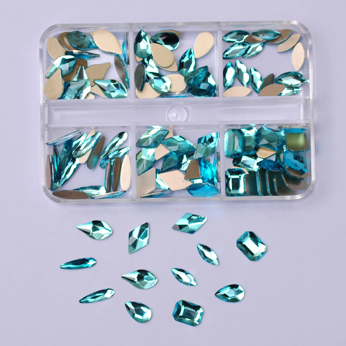 

1 Box/6 Grids Swarovsky 3D Crystal AB Nail Rhinestones Flat Bottom Pixie Mixed Shape DIY Nail Art 3D Decoration