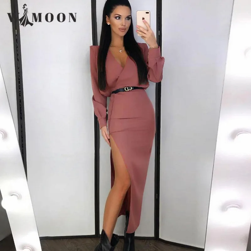 

Long Sleeve Elegant Bodycon Long Dress Women Slit Sexy 2021 Autumn High Street Asymmetrical Party Evening Mature Lady Dresses