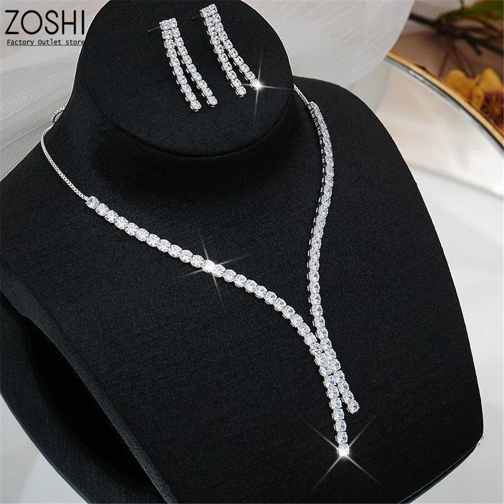 

Luxury Silver Color Simple Geometric Zircon Crystal Necklace Earrings Women Tassel Earrings for Wedding Bride Jewelry Sets