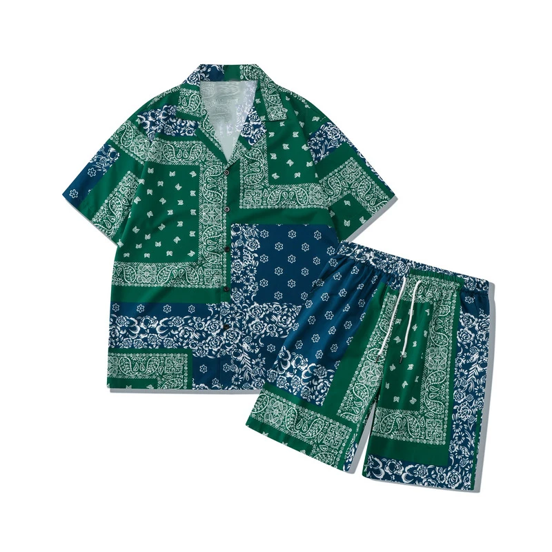 

Men Clothing Summer 2 Piece Outfit Green Bandana Beach Sets 2022 Hawaiian Clothes Fashion High Street Shirt + Shorts Mens Suits