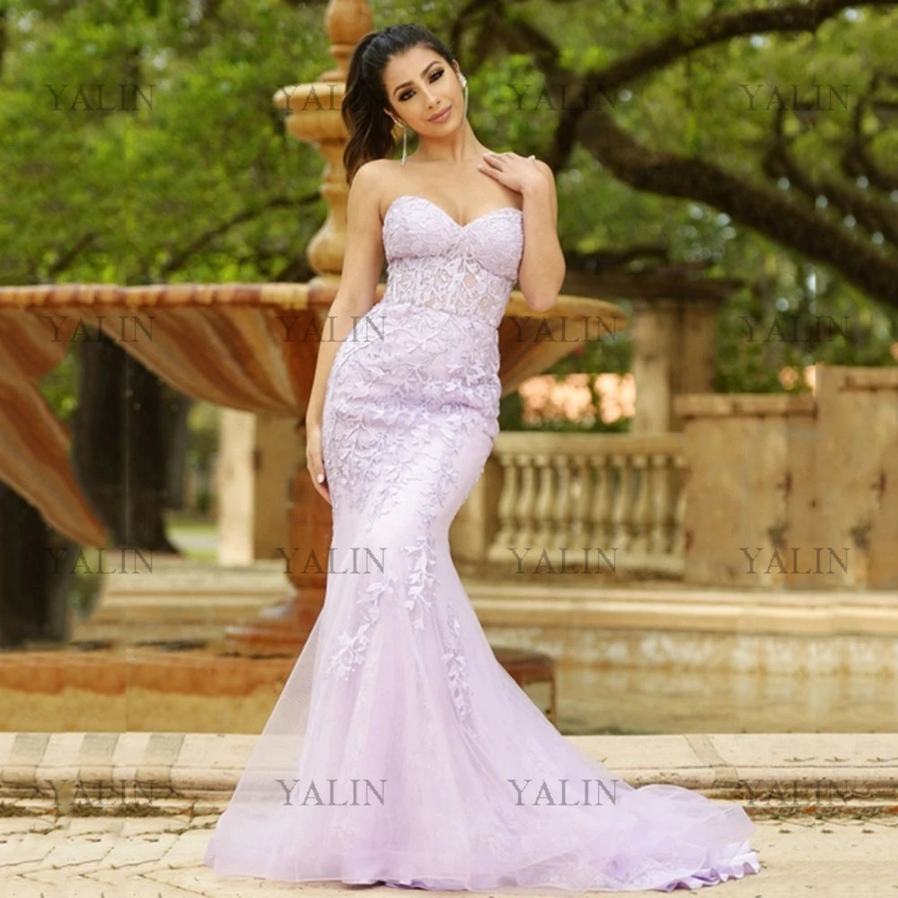 

YALIN sexy Sweetehart Neck Mermaid Party Dresses Court Train Appliques Beading Celebrity Dress Lilac Lace-Up Evening Gowns