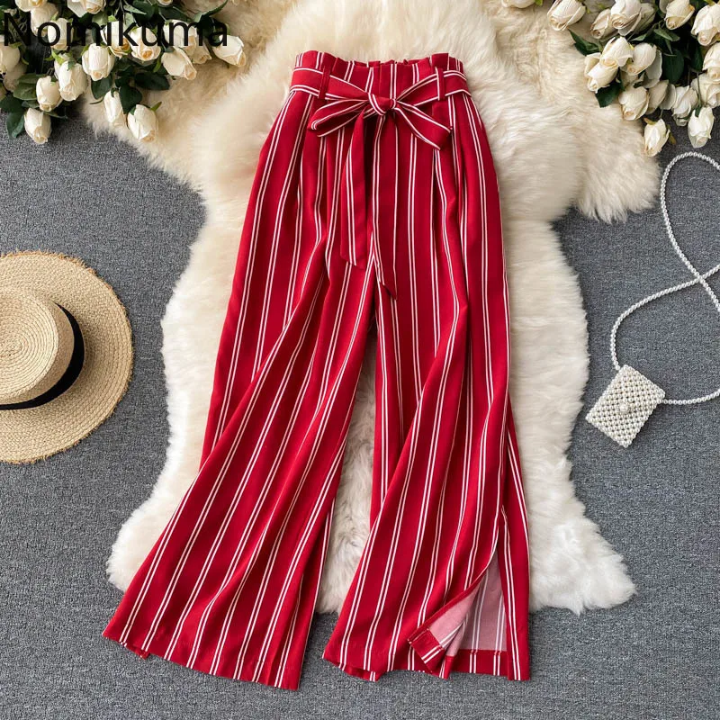

Nomikuma Women Pants Summer High Waist Wide Leg Drawstring Striped Loose Trousers Women Vintage Elegant Fashion Pantalon Femme