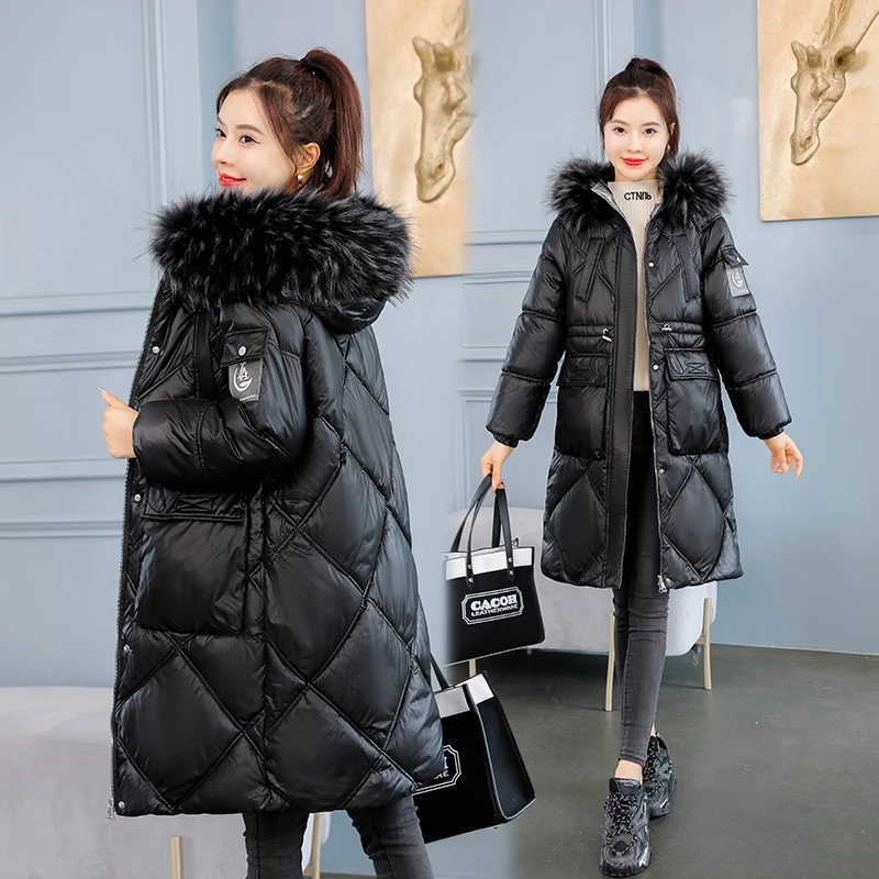 Mom Winter Coat Fur Collar Hooded Cotton Coat New Middle-Aged Elderly Down Cotton Coat Women's Mid-Length Cotton Jacket Thick