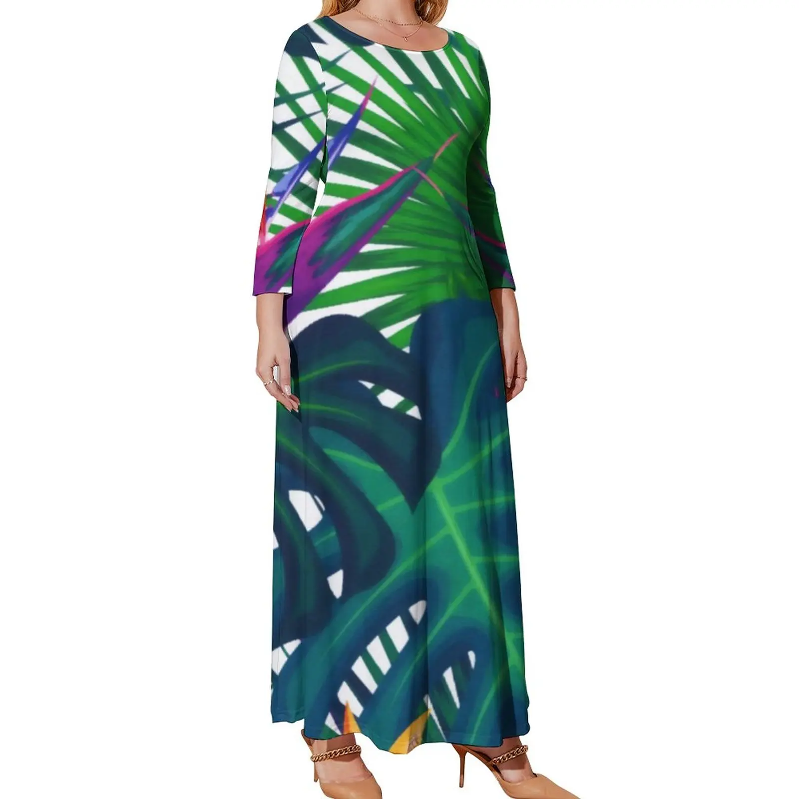 

Jungle Leaves Dress Tropical Greenery Print Street Wear Boho Beach Dresses Lady Long-Sleeve Vintage Maxi Dress Plus Size Vestido