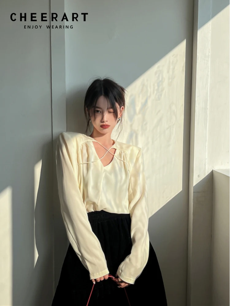 

CHEERART Spring 2022 Korean Fashion Satin Blouse Women Fashion V Neck Long Sleeve Top White Black Casual Ladies Top Clothing