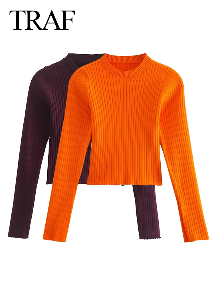 

Женский Короткий трикотажный свитер в рубчик, с круглым вырезом и длинным рукавом