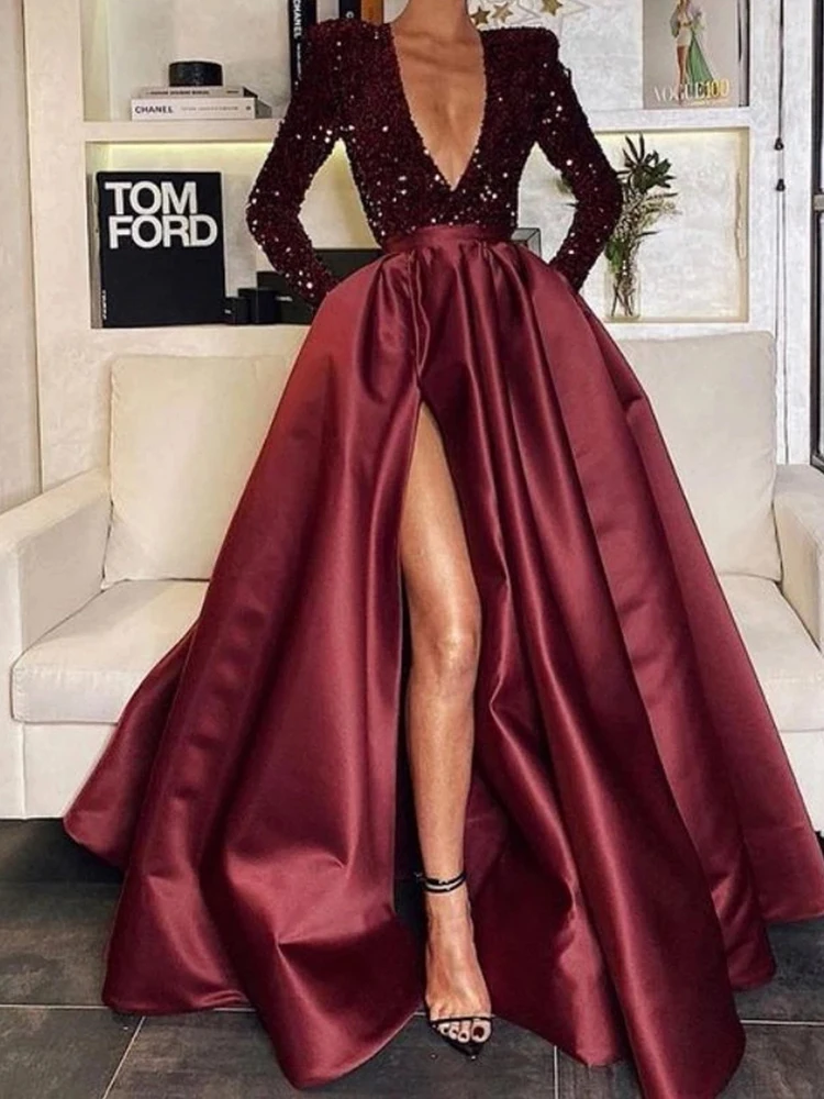 PLEINDI Luxurious Evening Dresses V-Neck A-LINE Long Sleeves Floor-Length Chiffon 2022 New of Sequined Exquisite Prom Wome Dress