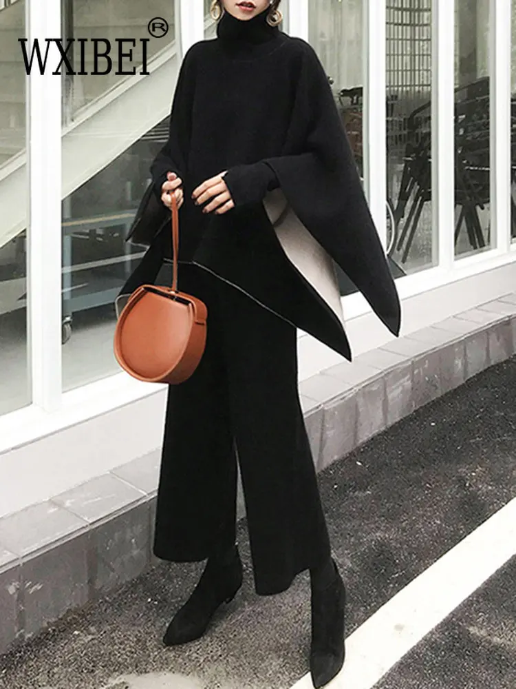 

WXIBEI Solid Trousers Sets For Women Turtleneck Long Sleeve Cape Type Tops High Waist Loose Wide Leg Pants Female Set 2022 FC146