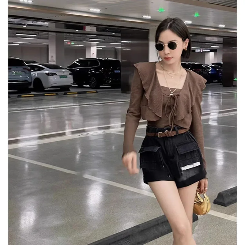 New Women's Long Sleeve T-Shirt From Dongguan 024 Nanyou Slimming Top With Ruffle Edge And Sweet Tie-Up Design For Smooth Sihoue