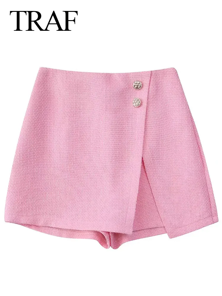 

TRAF Commuter Fashion Shorts Skirt Solid Color Pink Asymmetric Slit Button Slim Sexy Shorts Versatile Sweet Everyday Clothing