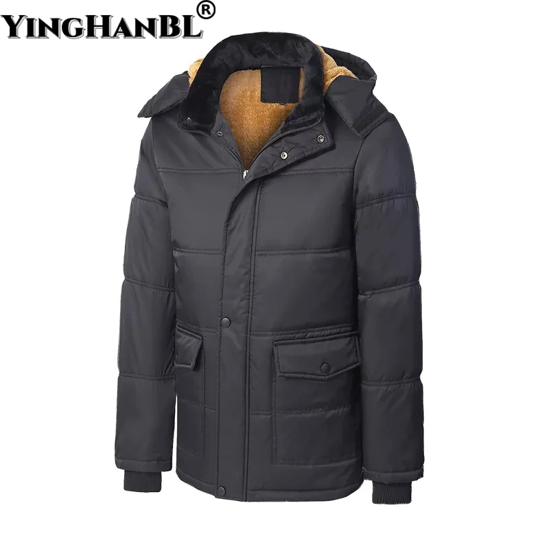 2022 Winter Casual Jacket Men;s Velvet Black Parkas With Hooded Windbreaker Warm Padded Overcoat Plus OverSize Coats Clothes