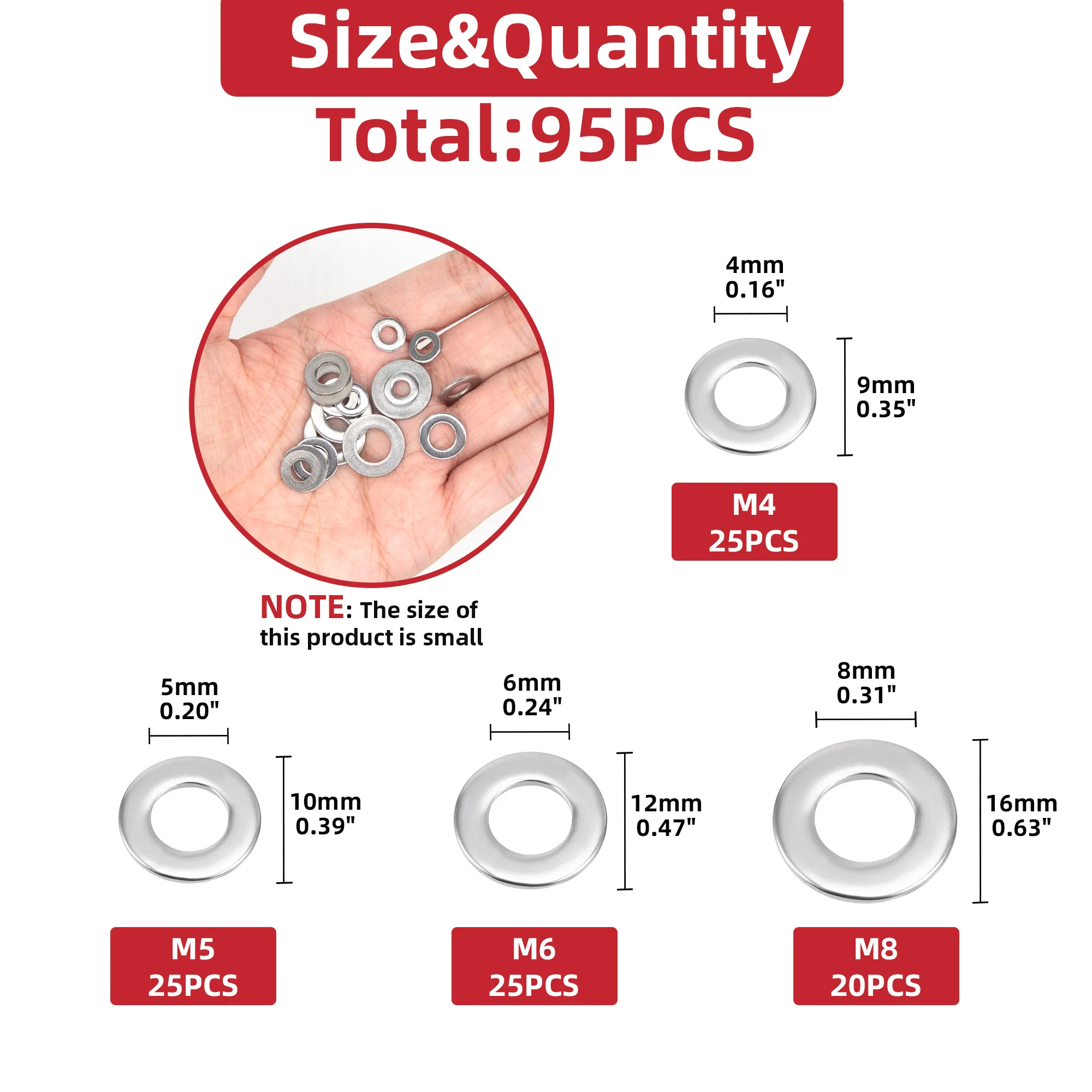 95 шт. комплект плоских шайб из нержавеющей стали 304 4 размера M3 M4 M6 M8 металлические