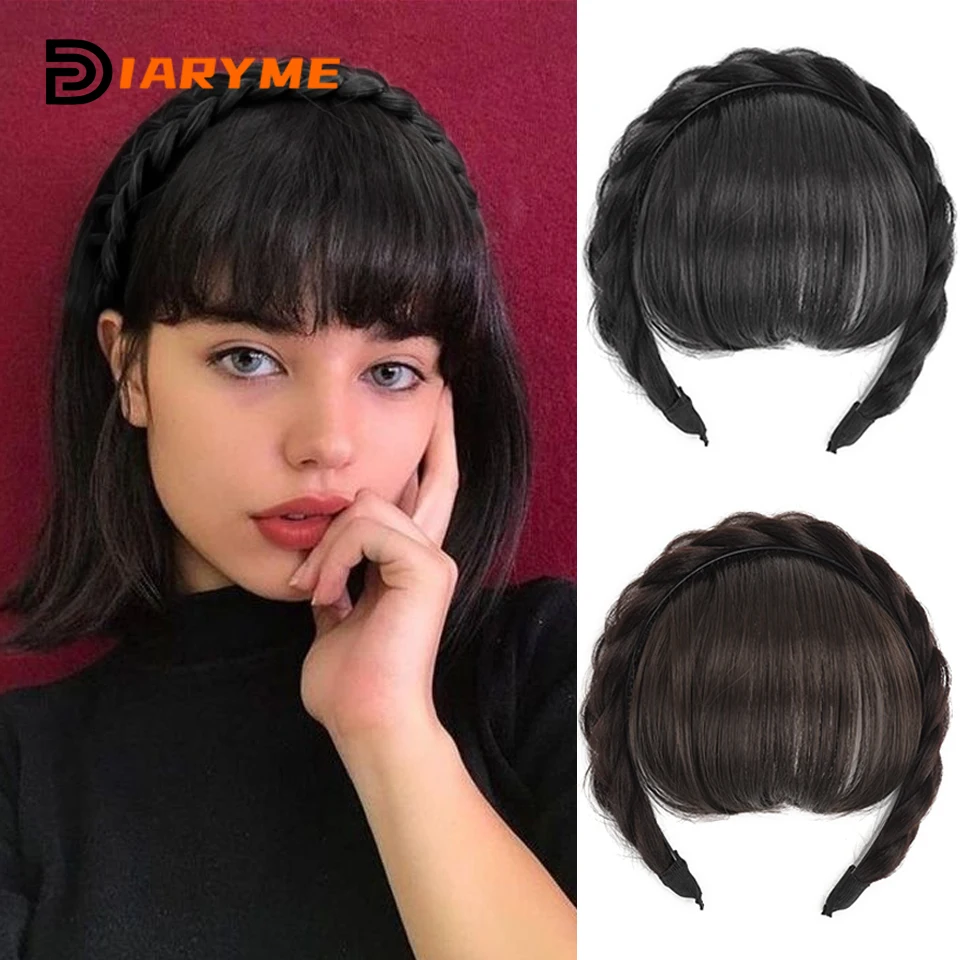 Synthetic Fake Bangs Hair Neat Fringe Bands With  Braids Headband Heat Resistant Bangs In Hair Extensions Hairpieces Hair Bangs