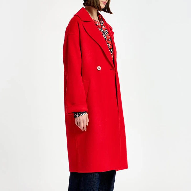 Красное свободное Женское шерстяное пальто-простой дизайн от средней до длинной