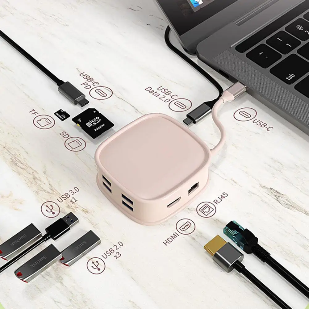

Type-C на PD + USB3.0 + USB2.0 * 3 + SD + TF + RJ45 + USB-C2.0 Hub поддерживает все каналы Type-c