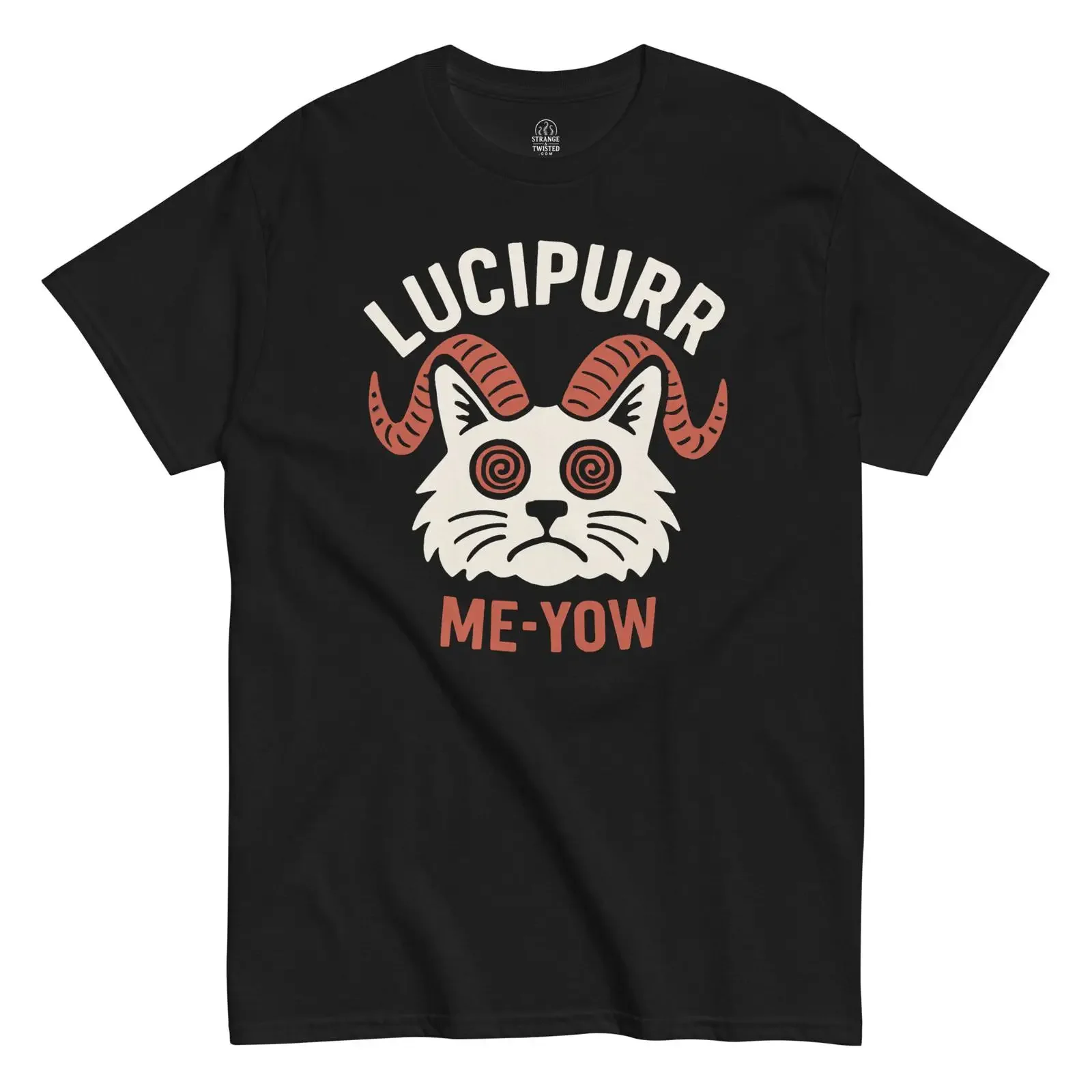 Фото Черная футболка Lucipurr Me Yow с забавным оккультным кошачьим принтом, готический дизайн от Strangeandtwisted.com, винтажная, слегка состаренная №1