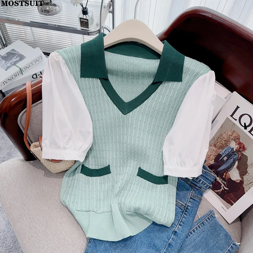 

2023 Summer Ice Silk Knitted Sweater Tshirt Women Short Sleeve V-neck Tees Knitwear Color-blocked Stylish Fashion Female Jumpers
