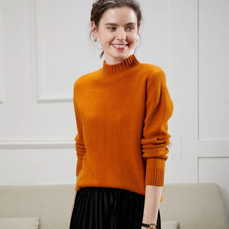 Autumn and Winter New Women's Half High Collar Cashmere Sweater Solid Stripe Bottoming Knitwear Versatile Pure Wool Pullover