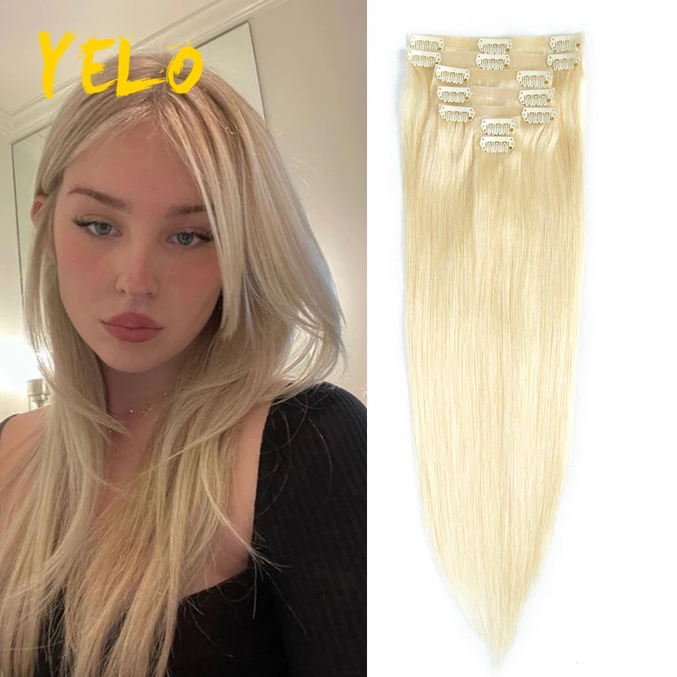 

Yelo 14-28 Inch Straight Pu Clip In Hair Extensions Human Hair Brazilian 120G Full Head Hair Balayage Nature Colors 7/Pcs/Set