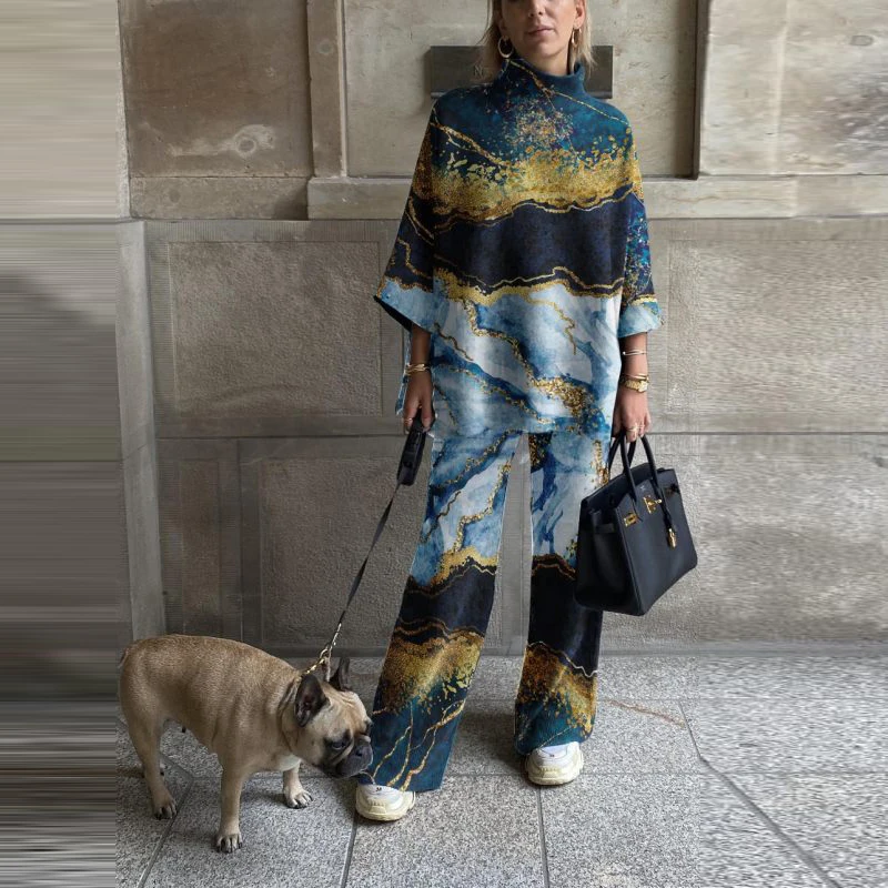 

Spring Casual Women Loose Two Piece Set Print Long Pants Tracksuit Matching Suit Outfits Wide Leg Pants Female Trousers Suit New