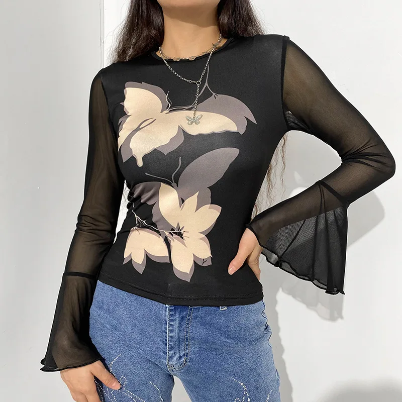 

2021 Autumn New Mesh Stitching Fashion Trumpet Sleeve Sexy T-shirt Slim Bottoming Butterfly Print Round Neck Casual Top T-shirt