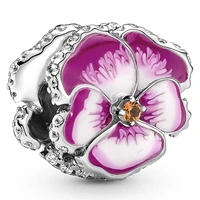 authentic 925 sterling silver pink pansy flower with crystal charm bead fit pandora bracelet necklace jewelry