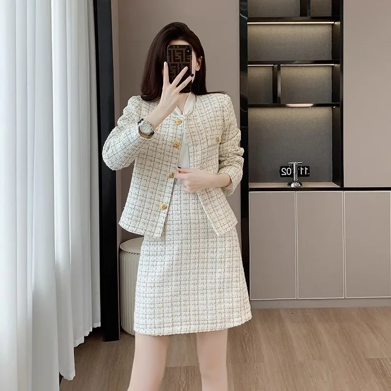 

Winter Office 2 Piece Sets Women Korean Vintage Temperament Elegant Long Sleeve Tweed Jacket Coat+High Waist Bodycon Skirt Suit