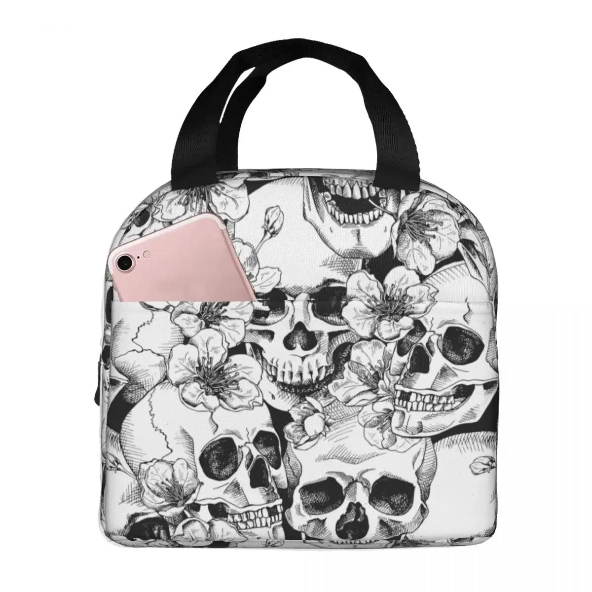 

Сумки для ланча для женщин и детей, готический изолированный переносной холщовый Ланч-бокс с черепами и цветами для пикника, сумки для хранения еды