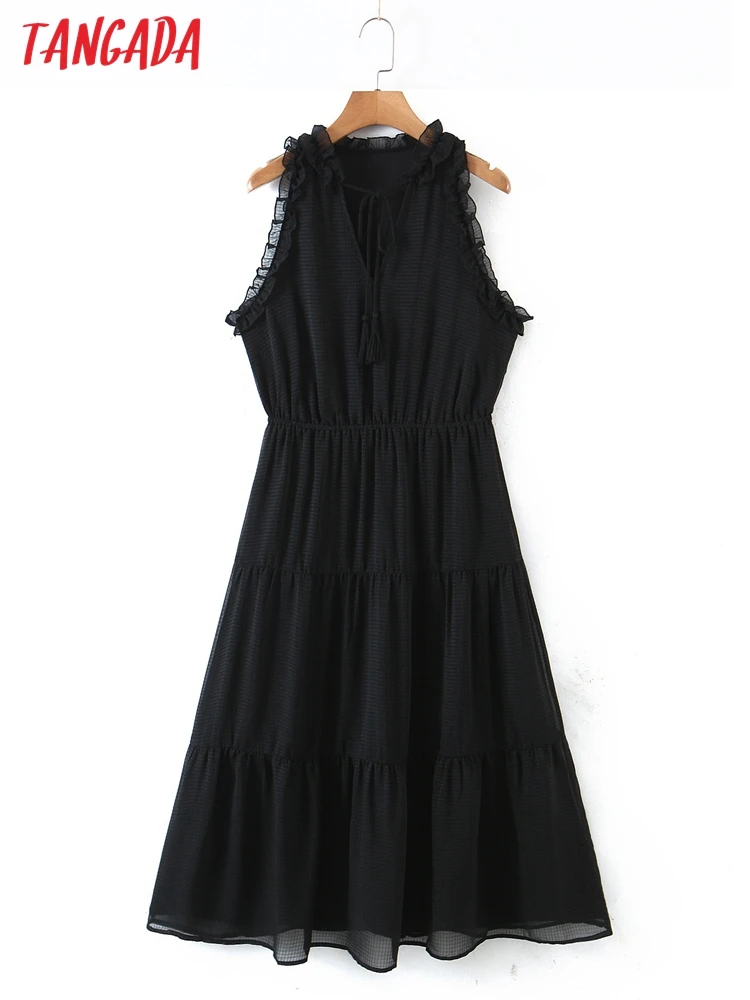 

Платье-миди черное с оборками, без рукавов, с открытой спиной