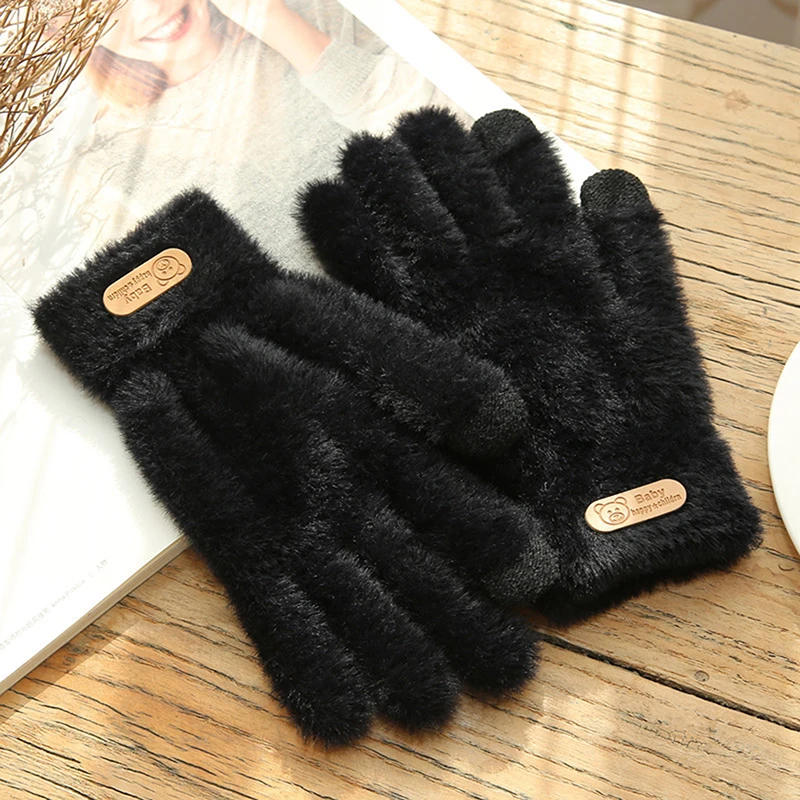 

Knitted Gloves Winter Warm Thick Touch Screen Fur Gloves Solid Mittens for Mobile Phone Tablet Pad Women's Wool Glove