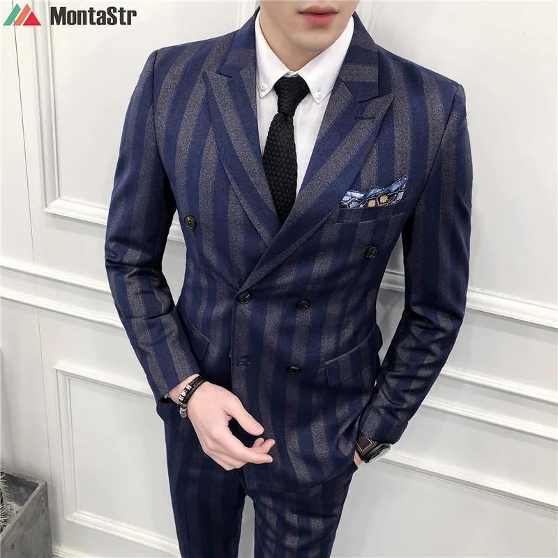 

[Blazer+Vest+Pants] Striped double-breasted fashion men's casual boutique wedding groom best man suit business three-piece suit