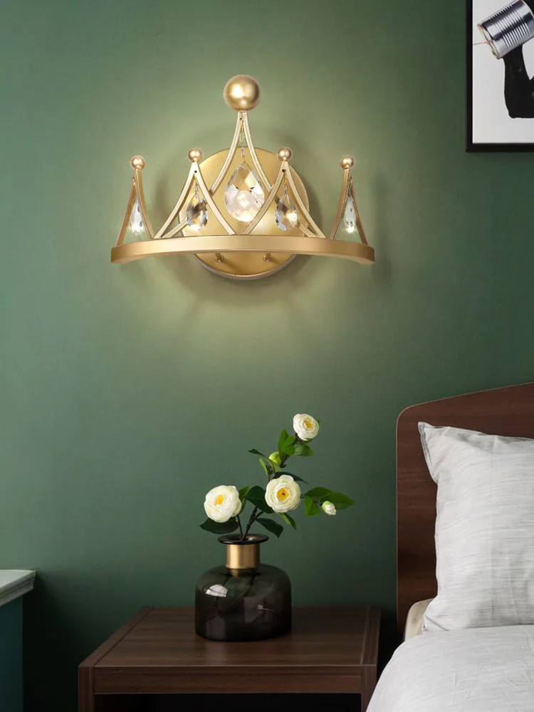 

Nordic Style Wall Lamp Bedroom Children's Room Bedside Internet Celebrity Post-Modern Light Luxury Crystal Crown Living Room