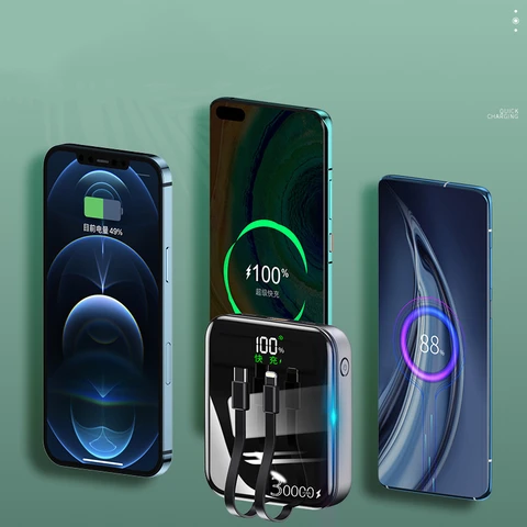 30000 мАч Mini Power Bank Внешний аккумулятор PD 40 Вт Powerbank с быстрой зарядкой для iPhone 15 14 Xiaomi Samsung Poverbank с кабелем