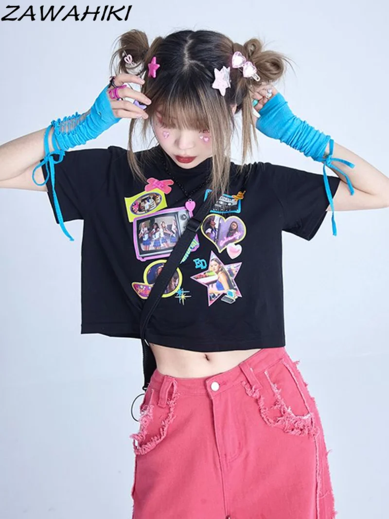 

Japanese Grunge Cartoon Print T-shirts Y2k Harajuku Short Sleeve Tee Shirt Cropped Fashion Vintage Dark Aesthetics Tops E-girl