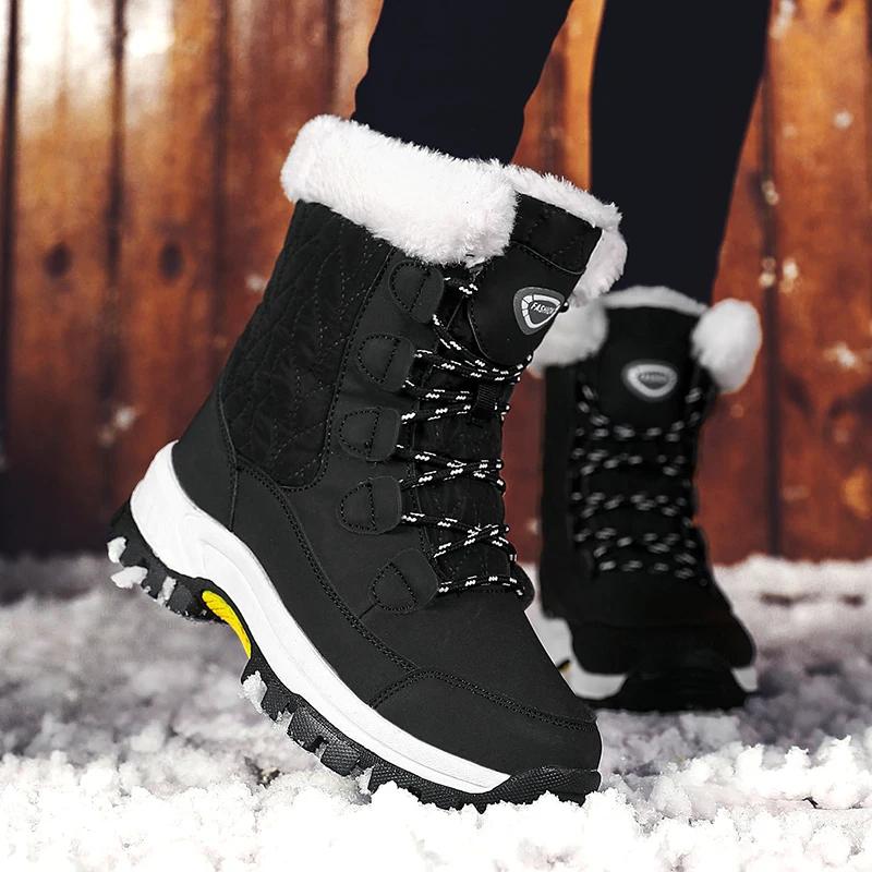 Women Snow Boots Winter Sneakers Famale Chunky Sneakers Ankle Warm Plush Anti Slip Lace-up Walking Shoes