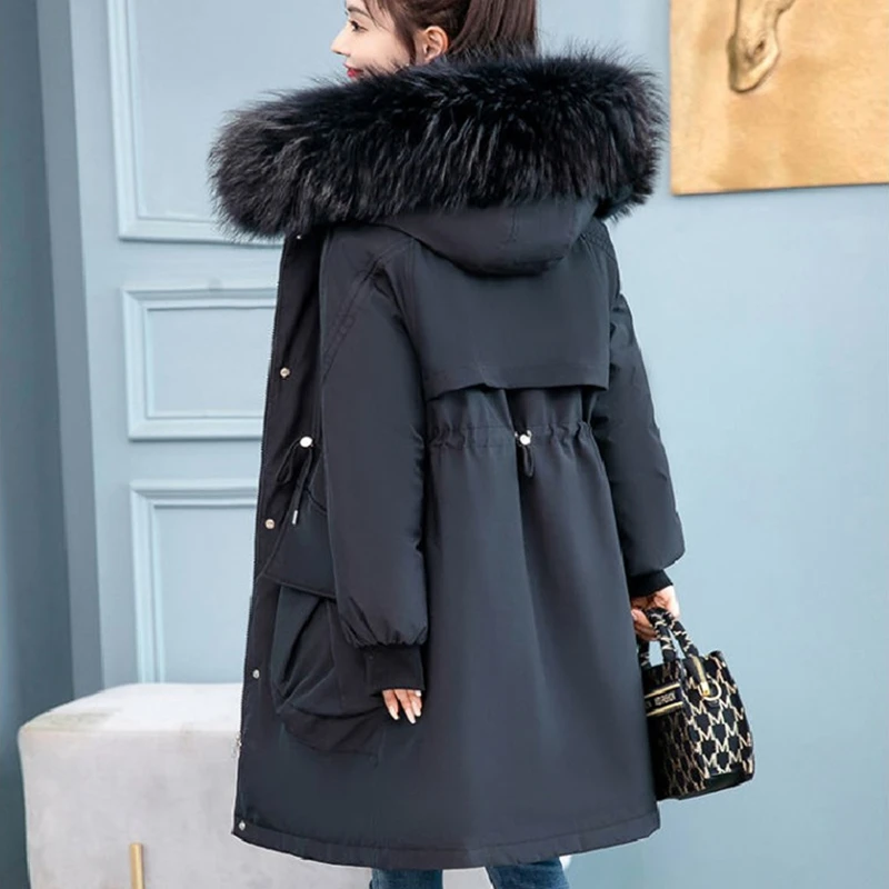 Big Fur Collar Mid-Length Women's Down Padded Cotton Jackets 2022 Winter Parkas New Slim Waist Fleece Thick Coats Casual Outwear