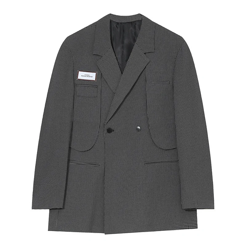Мужской двубортный блейзер в клетку белый или черный пиджак Корейском стиле