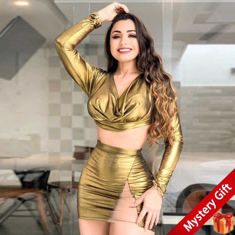 

Women Long Sleeve Crop Top and Side Lettuce Trim Bodycon mini Skirt Set Spring New Solid color Bronzing Umbilical dress suits